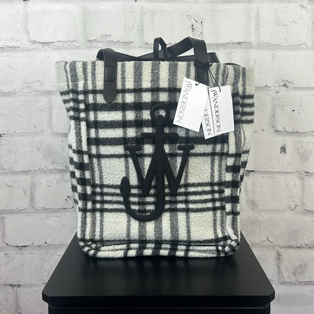 JW Anderson Unisex Oversized Belt Plaid Wool-Blend Leather Tote Bag Black White